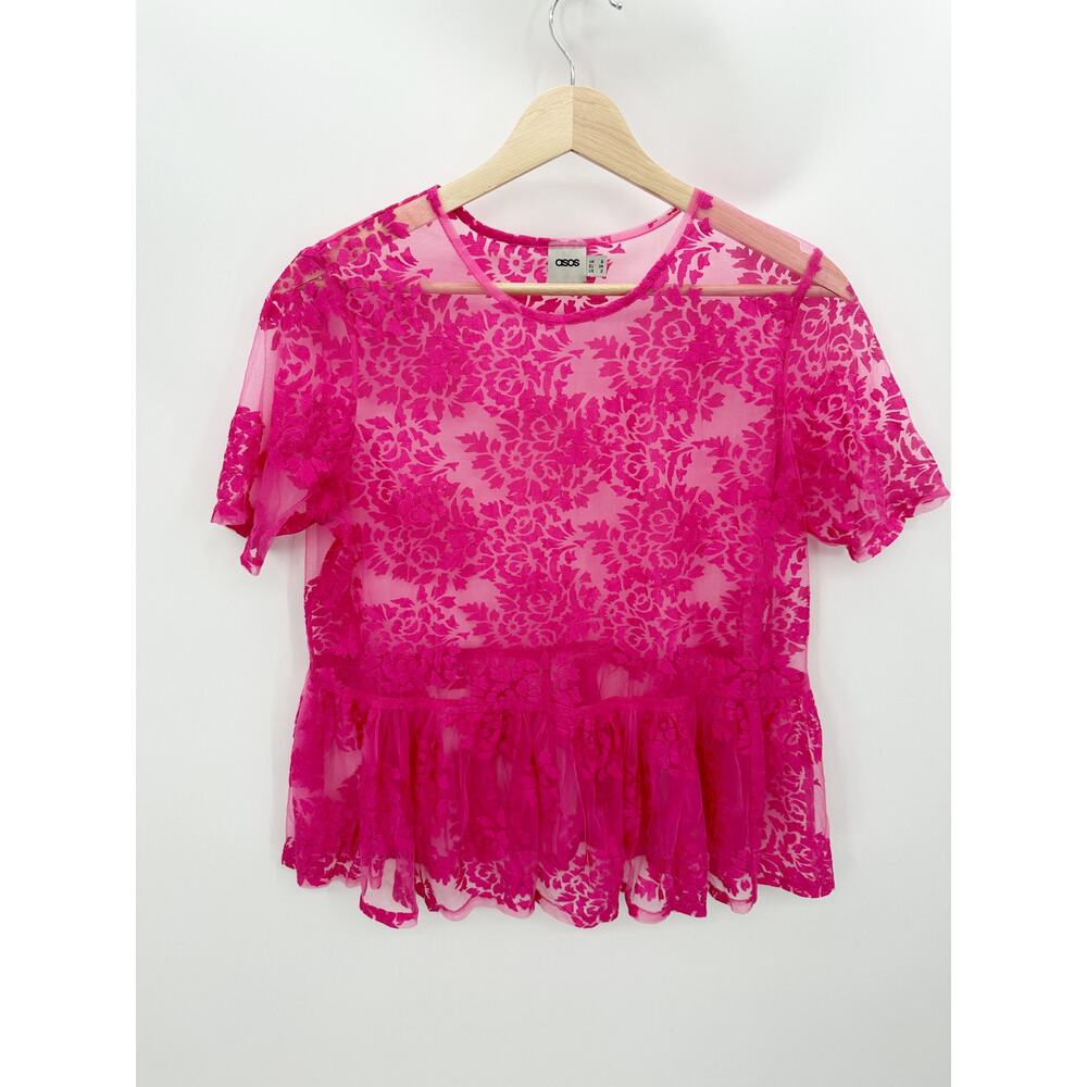 ASOS Pink Sheer Floral Short Sleeve Crew Neck Babydoll Top‎ Women's Size 2